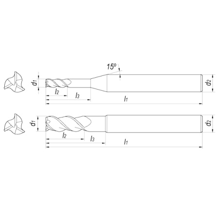 Фреза концевая высокопроизводительная твердосплавная D1x2,5x8x45x6 Z3 TiSiN